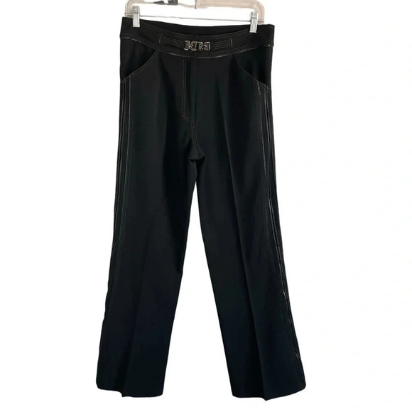 Radzoli Pants - RADZOLI Wide Leg Black Trousers Top Stitch Leather-like Trim Accents Size 8 NWT